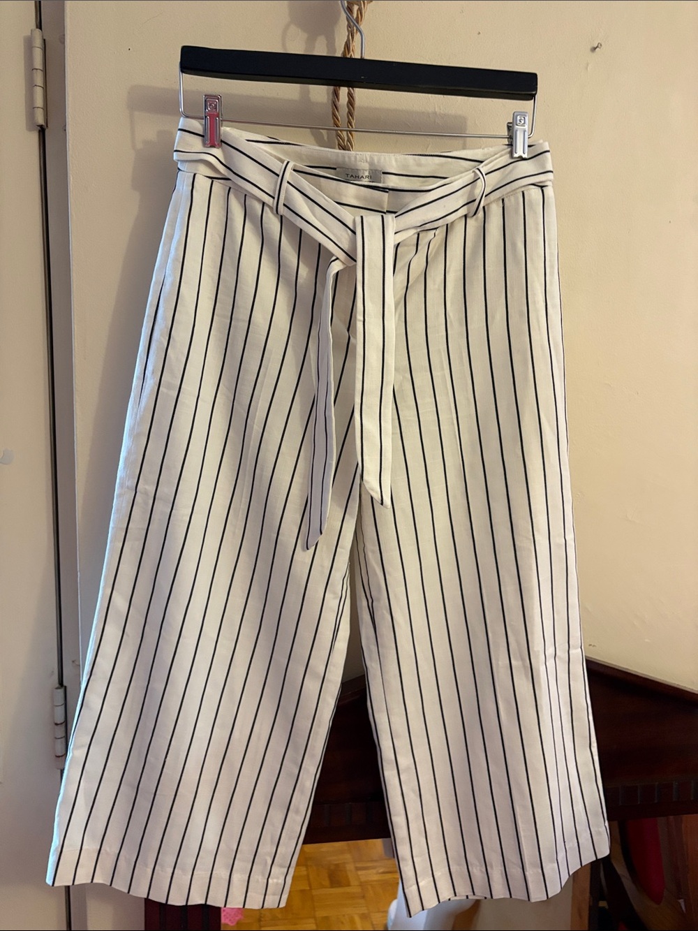 Tahari Cream Wide-Leg Capris with Black Pinstripes and Self-Tie Belt